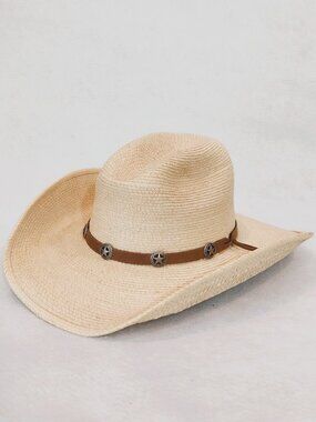 Sun Body Western Cowboy Hat Men 7 3/8 59 Beige Texas Star Palm Leaf Leather Band